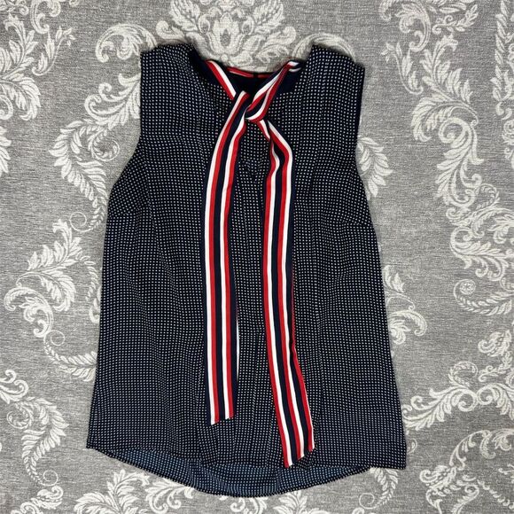 Tommy Hilfiger Women's XS Blue Polka Dot Sleeveless Tie-Neck Blouse - Picture 1 of 7